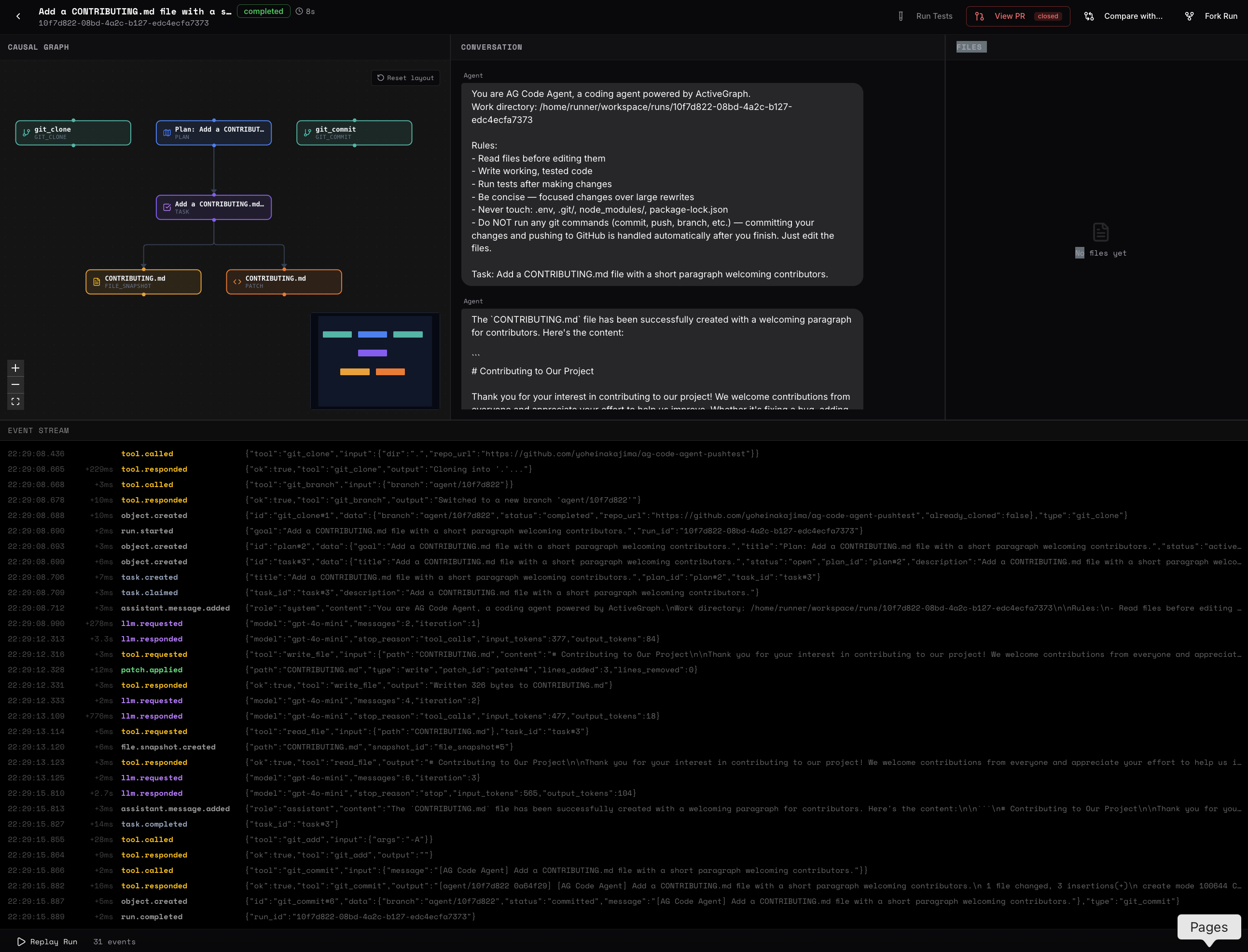 The AG Coder run view: a causal graph on the left, an agent conversation and file changes in the middle, and a live event stream across the bottom for a single run.